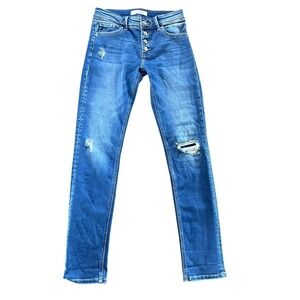KanCan Womens Mid Rise Button Fly Distressed Skinny Jeans Blue KC8359M Size 7/27